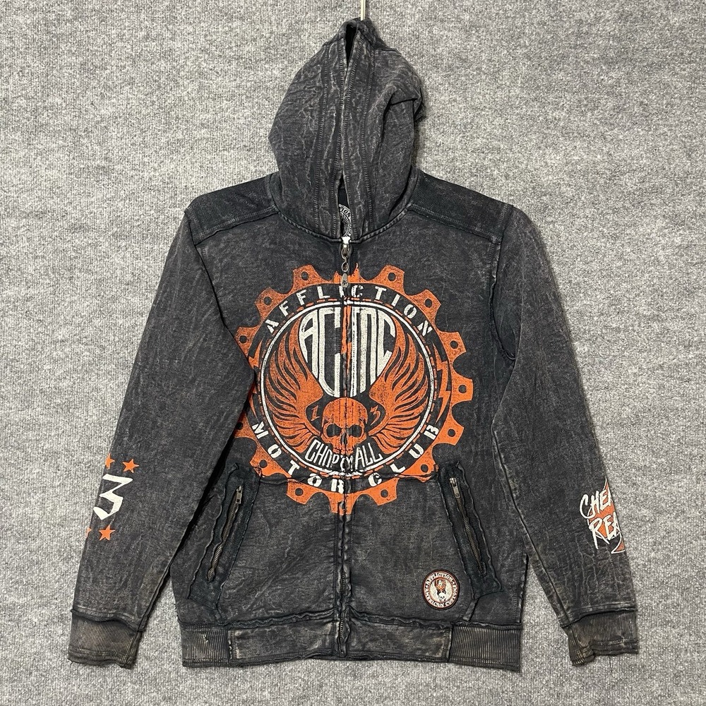 Affliction Hoodie Mens Small Black Skull Zip Jacket Distressed American Customs
